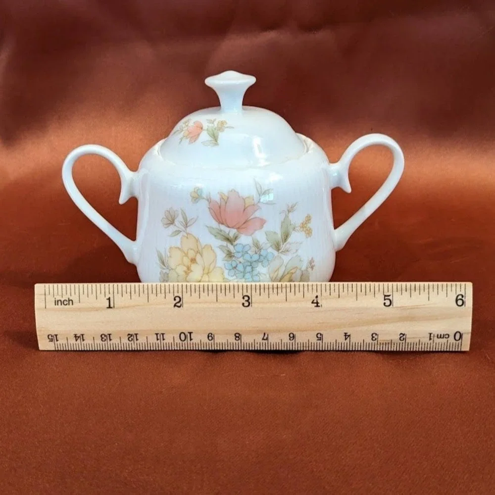 Vintage Ichiyama Toen‎ Japan Floral Porcelain Sugar Bowl w/Lid Ribbed Edge